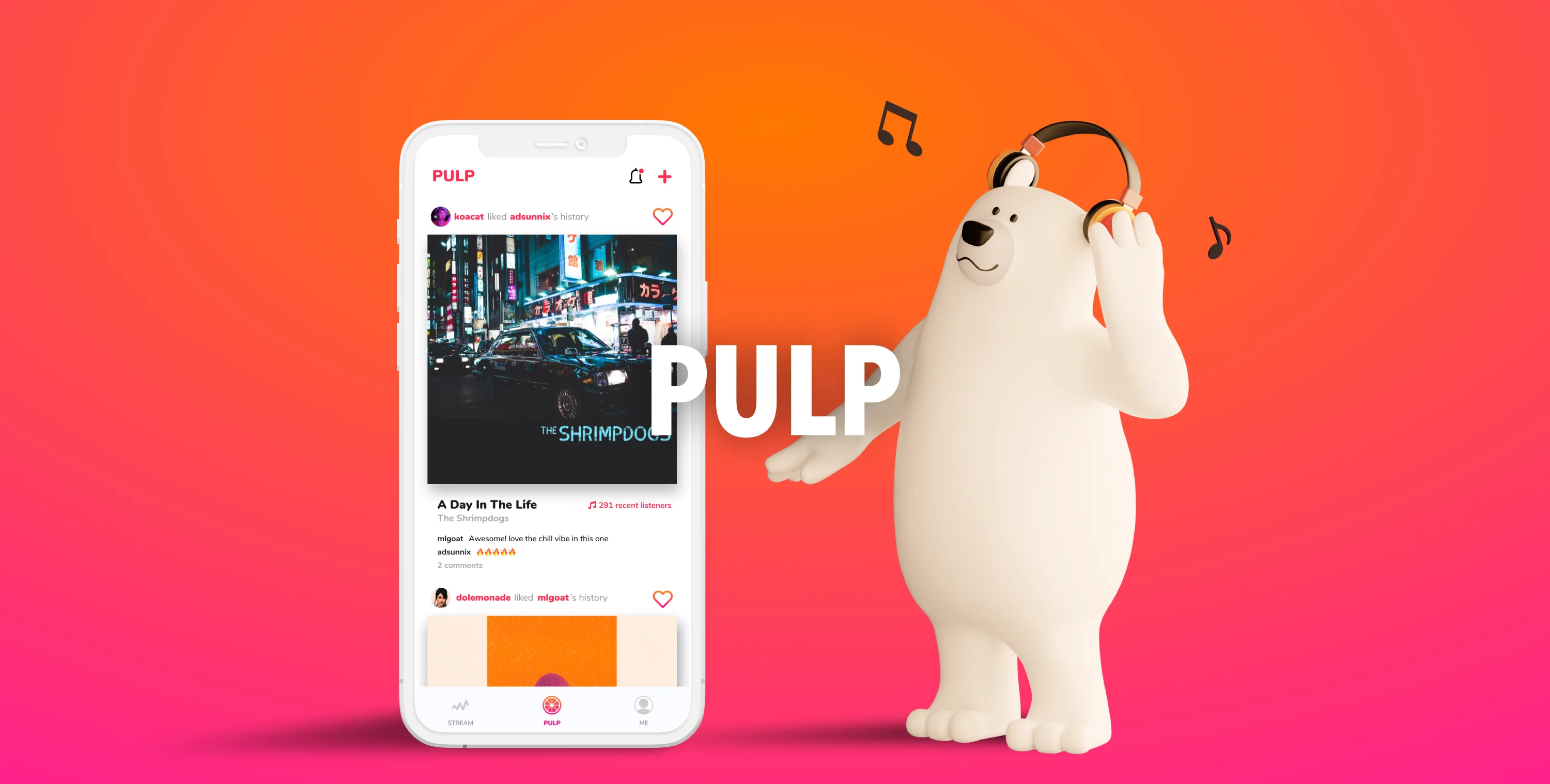 PULP mobile app device mock with mascot character polar bear