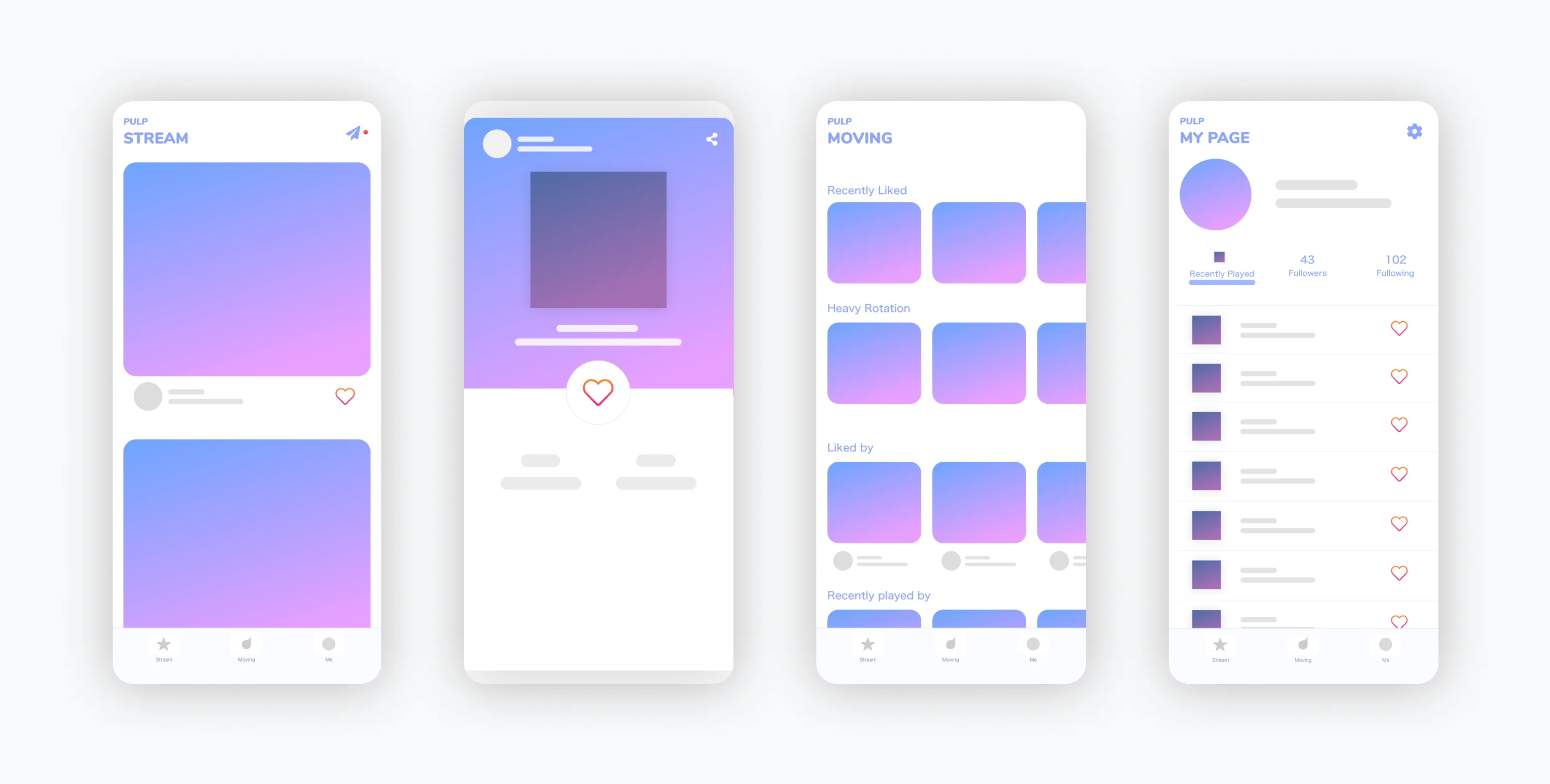 The initial wireframes for the mobile app design